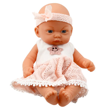 Mieganti kūdikio lėlė rožine suknele 24 cm