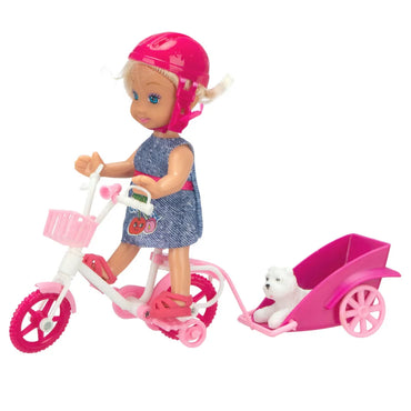 Mini lėlė su dviračiu, priekaba ir šuniuku