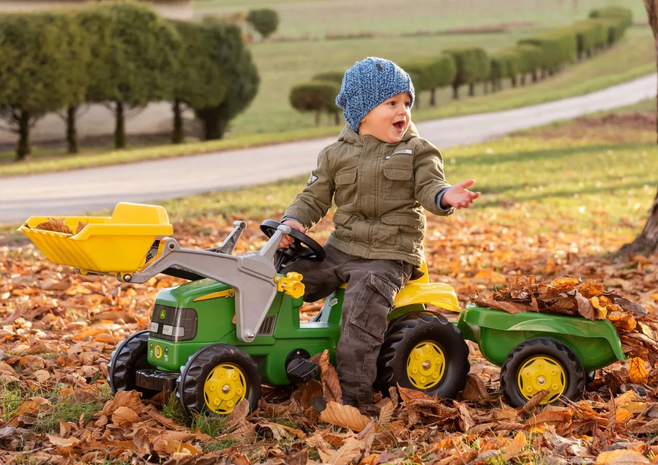 „Rolly Toys“ RollyKid John Deere pedalinis traktorius su kaušu ir priekaba – žalias