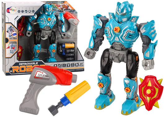 Sukamas robotas su ginklu, grąžtu ir atsuktuvu