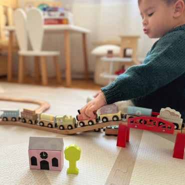 Tooky Toy mediniai magnetiniai vagonėliai ir lokomotyvai