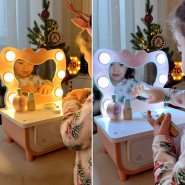 Tooky Toy medinis grožio staliukas su apšviečiamu veidrodžiu ir aksesuarais