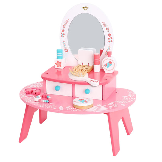 Tooky Toy rožinis medinis kosmetinis staliukas su veidrodžiu ir aksesuarais