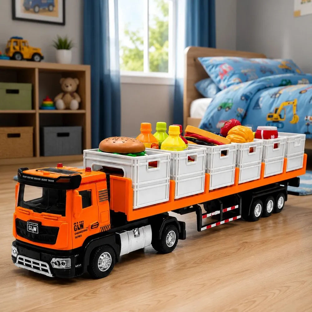 Transporto sunkvežimis su priekaba, dėžėmis, maisto aksesuarais