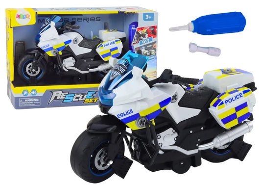 Vaikiškas policijos motociklas su atsukimo funkcija, šviesomis ir garsais – baltas