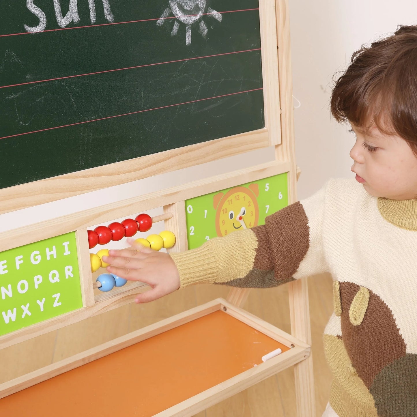 Viga medinė edukacinė 2in1 lenta su skaitliuku, abėcėle ir laikrodžiu