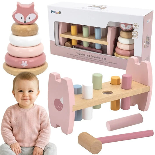 VIGA PolarB medinė piramidė + kaladėlių kalimo žaidimas 2in1