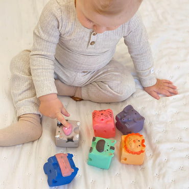 „WOOPIE BABY“ sensoriniai gyvūnų kaladėlės – spaudžiama dėlionė su garsu 6vnt