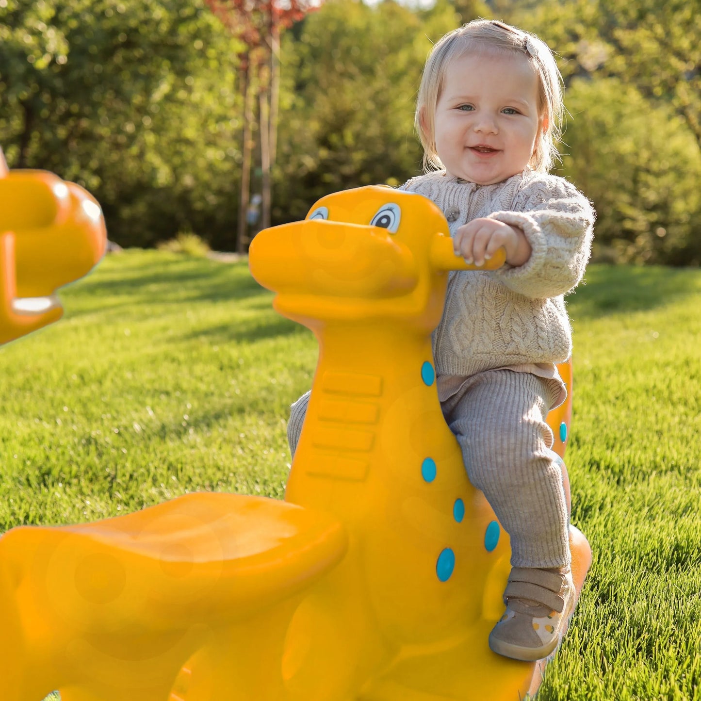 WOOPIE geltonas daugiavaikis dinozaurų supamasis žaislas