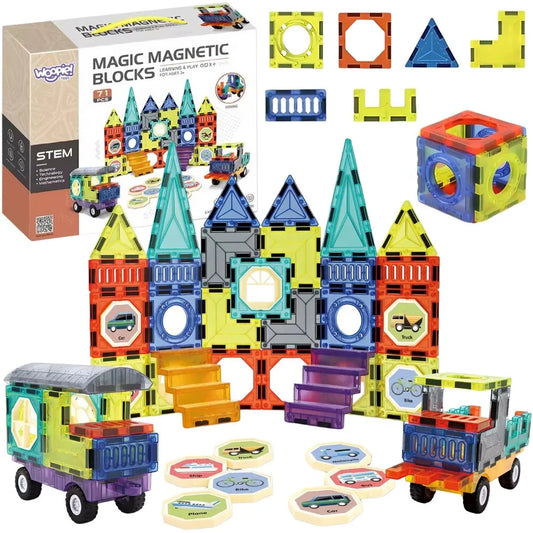 „WOOPIE“ magnetinių 3D kaladėlių rinkinys – pilis ir transporto priemonės (71 vnt.)