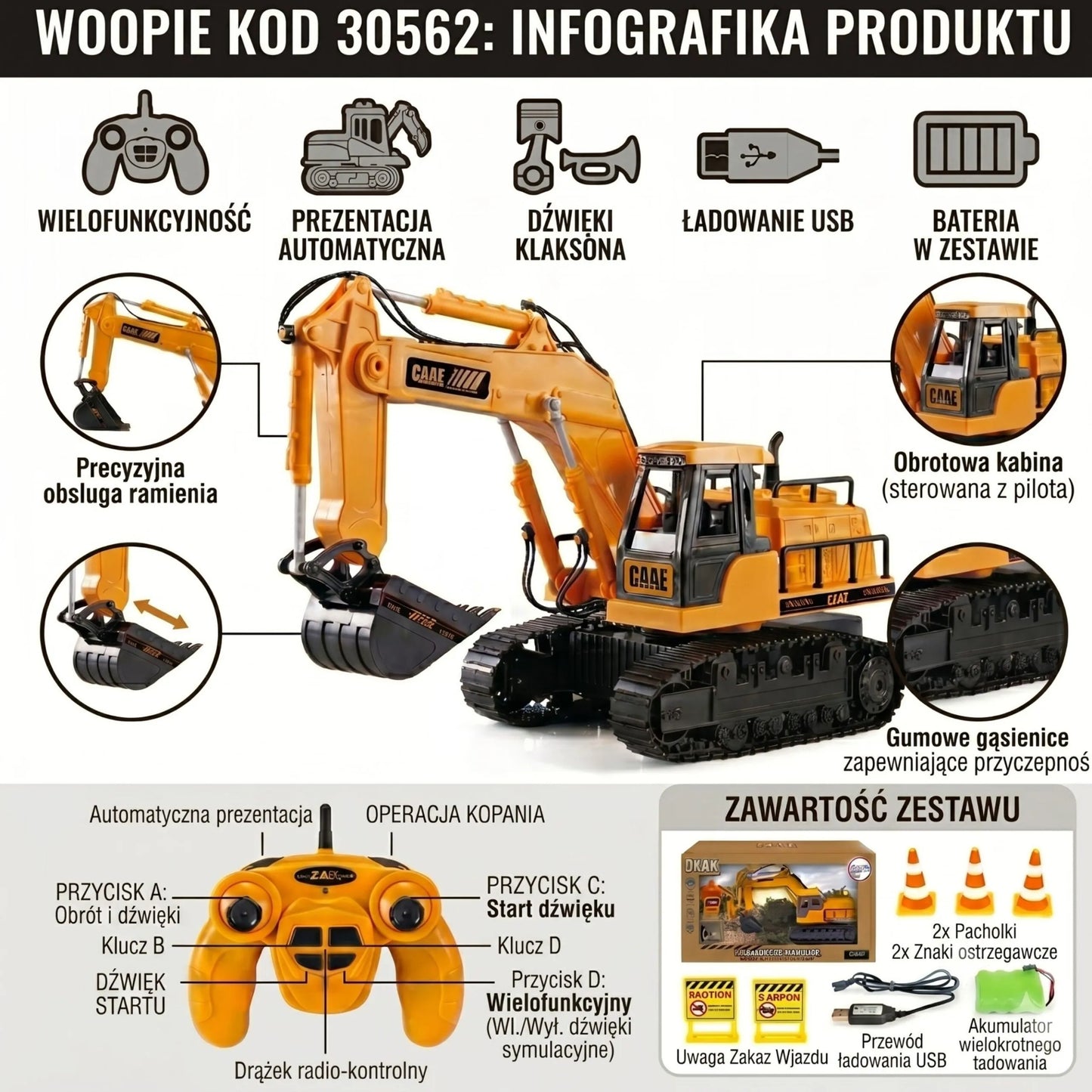 Woopie nuotoliniu būdu valdoma statybinė koparka su guminiais vikšrais (1:24)