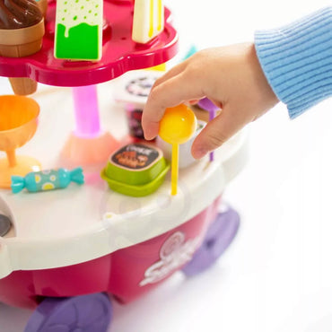 WOOPIE maisto vagonėlis, konditerijos vežimėlis, ledų stovas, garsinės šviesos + 36 priedai