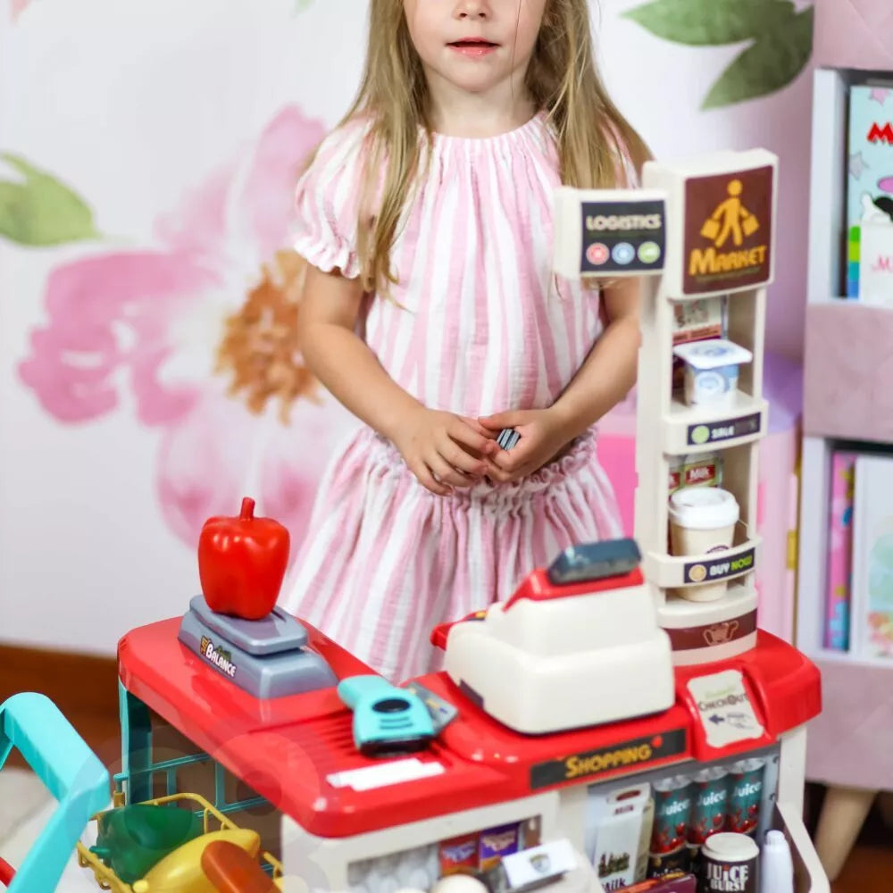 WOOPIE prekybos centras su pirkinių vežimėlių svarstyklėmis, kasos aparato skaitytuvu + 48 priedais.