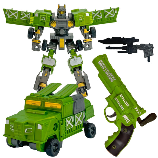 Woopie transformuojantis kovinis robotas su revolveriu
