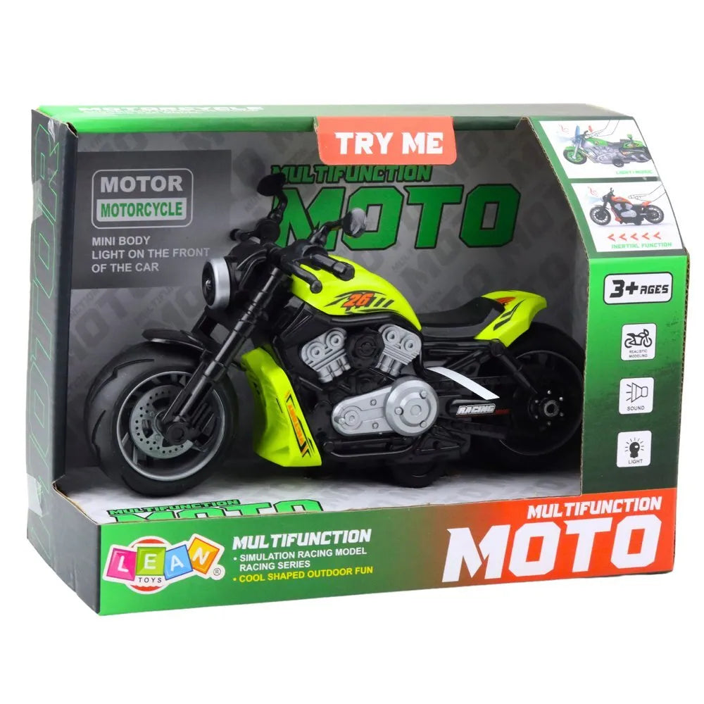 Žalias žaislinis motociklas su šviesomis