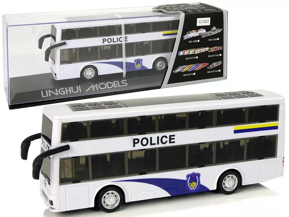Baltas dviejų aukštų policijos autobusas su atbuline trauka, šviesomis ir garsais