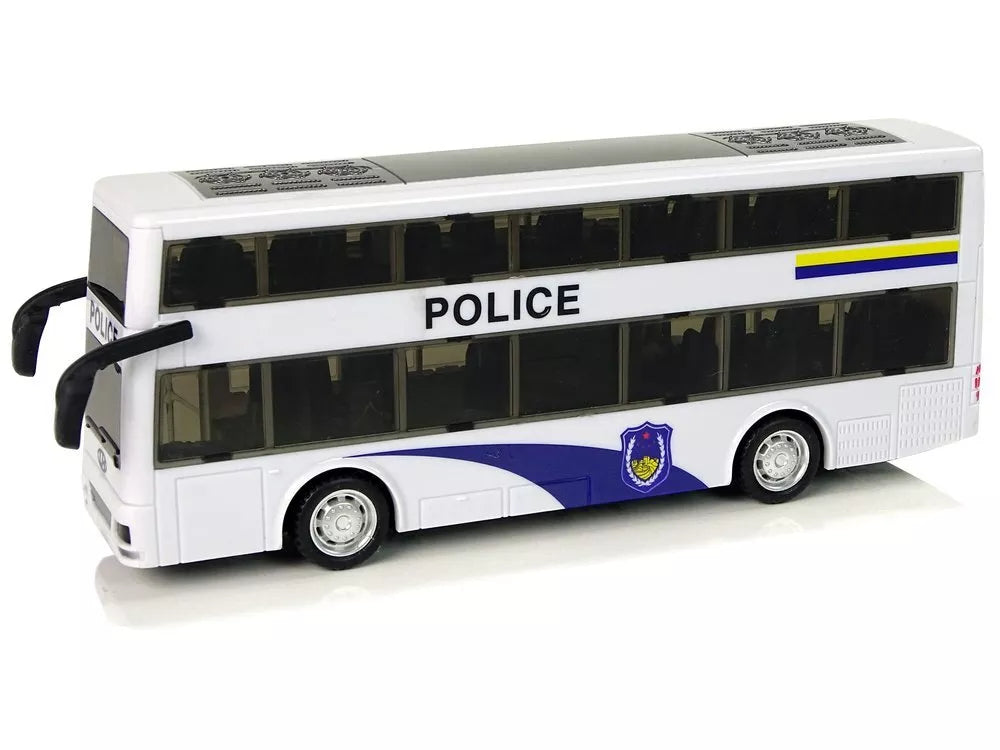Baltas dviejų aukštų policijos autobusas su atbuline trauka, šviesomis ir garsais