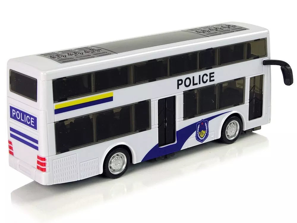 Baltas dviejų aukštų policijos autobusas su atbuline trauka, šviesomis ir garsais