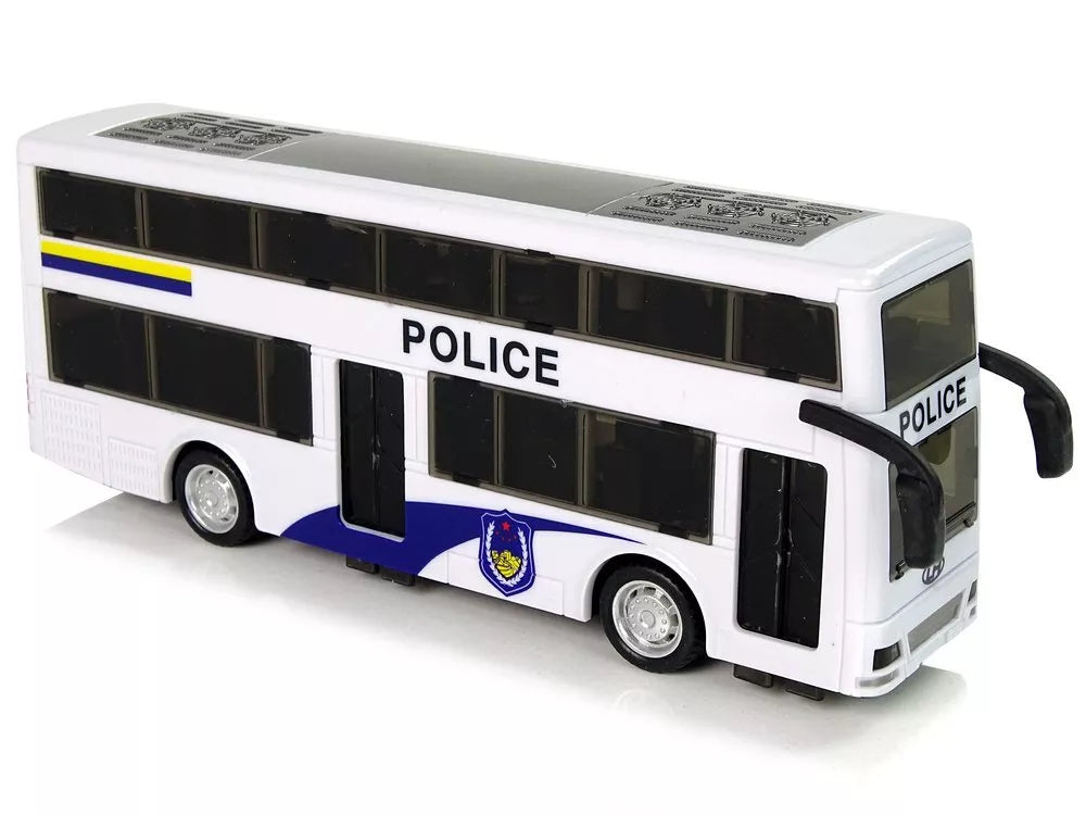 Baltas dviejų aukštų policijos autobusas su atbuline trauka, šviesomis ir garsais