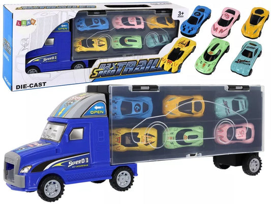 Didelis vilkikas su 6 automobiliais