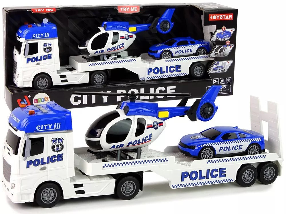 Policijos rinkinys: tralas, automobilis ir sraigtasparnis su šviesomis ir garsais