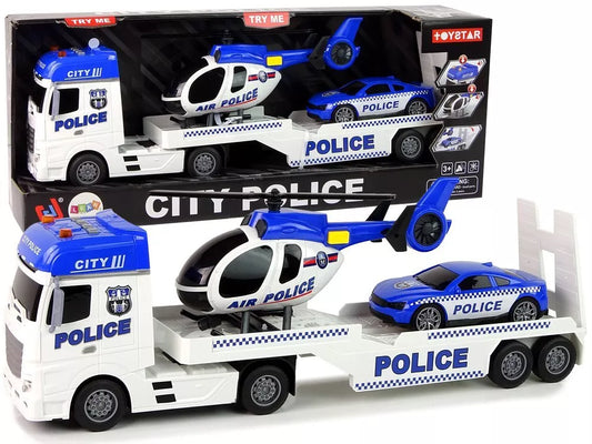 Policijos rinkinys: tralas, automobilis ir sraigtasparnis su šviesomis ir garsais