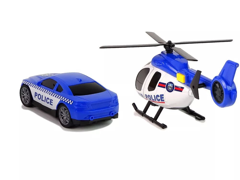 Policijos rinkinys: tralas, automobilis ir sraigtasparnis su šviesomis ir garsais
