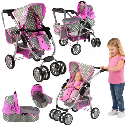 Rožinis lėlių vežimėlis 2in1 lopšys