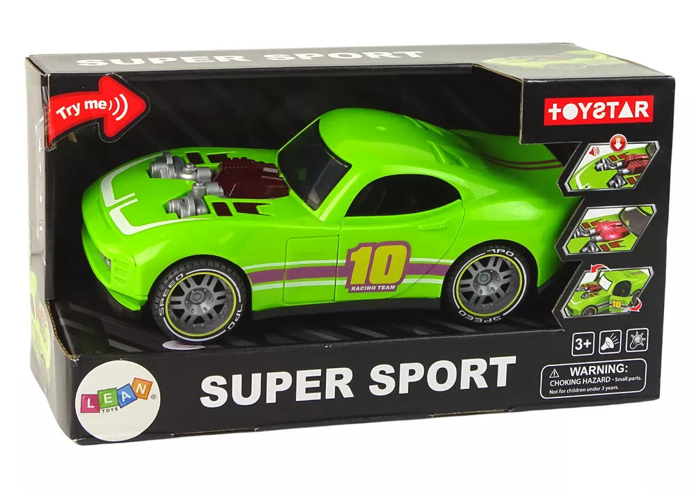 Žalias sportinis automobilis su šviesomis ir garsais