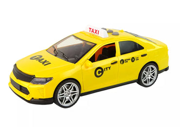 Geltonas taksi automobilis su šviesomis ir garsais