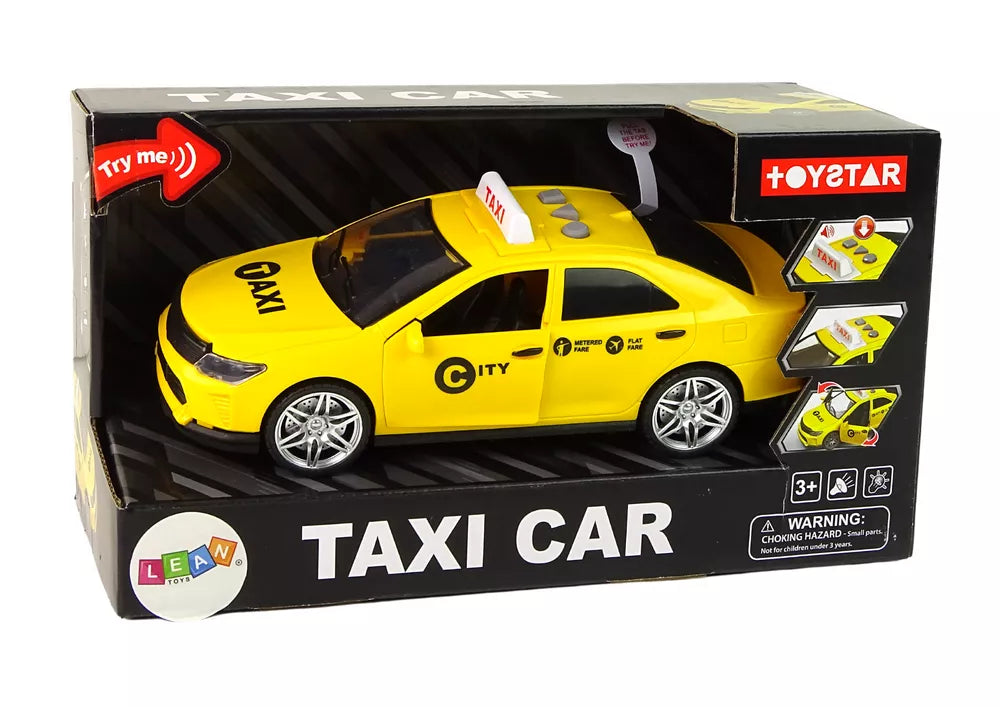 Geltonas taksi automobilis su šviesomis ir garsais