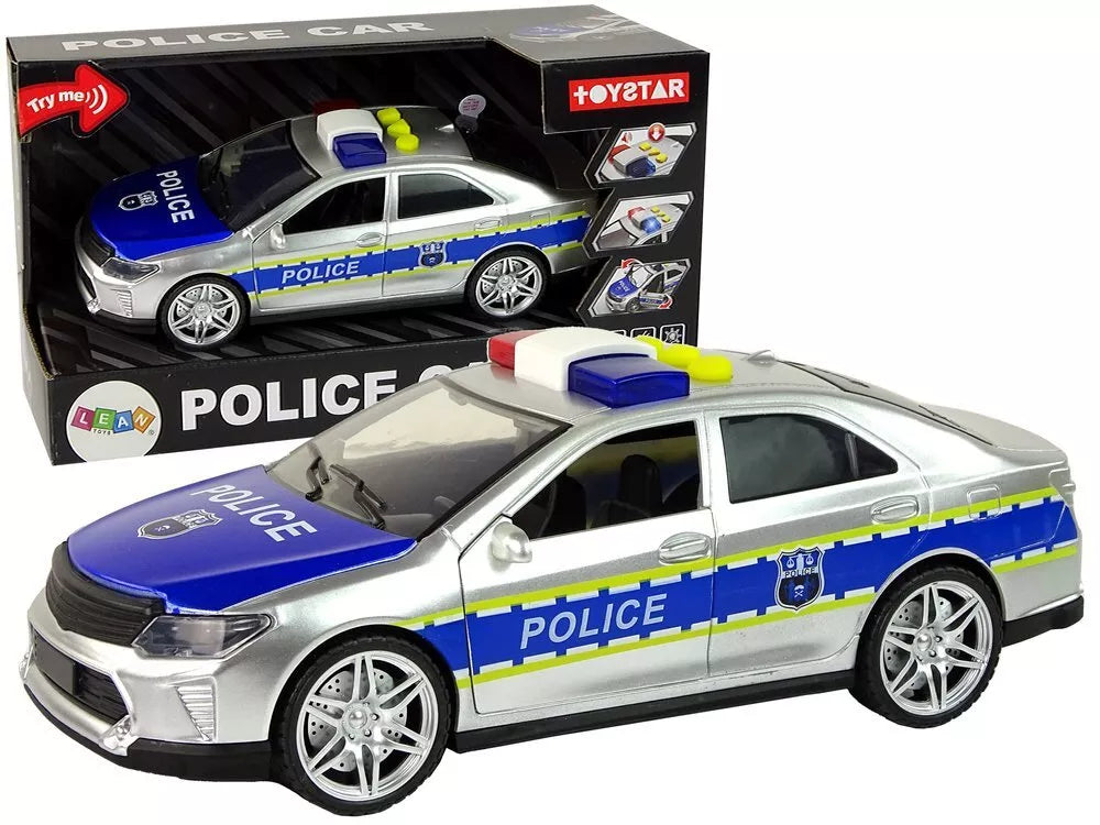 Sidabrinis policijos automobilis su šviesomis ir garsais