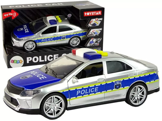 Sidabrinis policijos automobilis su šviesomis ir garsais