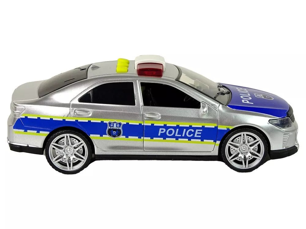 Sidabrinis policijos automobilis su šviesomis ir garsais