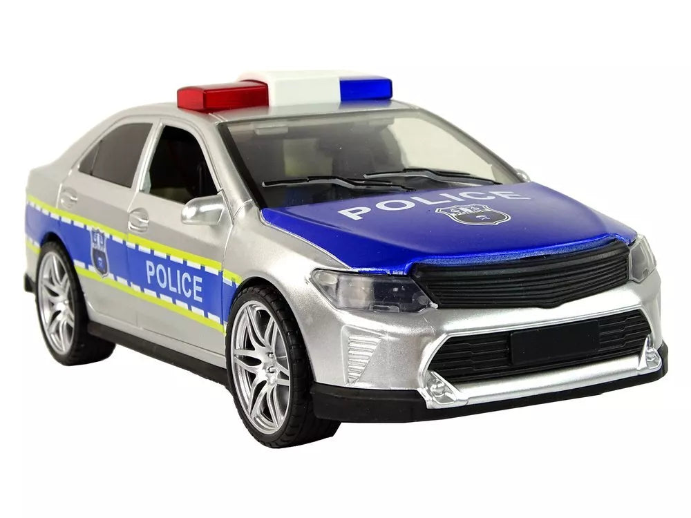 Sidabrinis policijos automobilis su šviesomis ir garsais