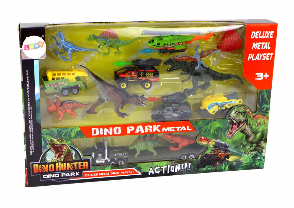 Dinozaurų rinkinys su sraigtasparniu ir automobiliais