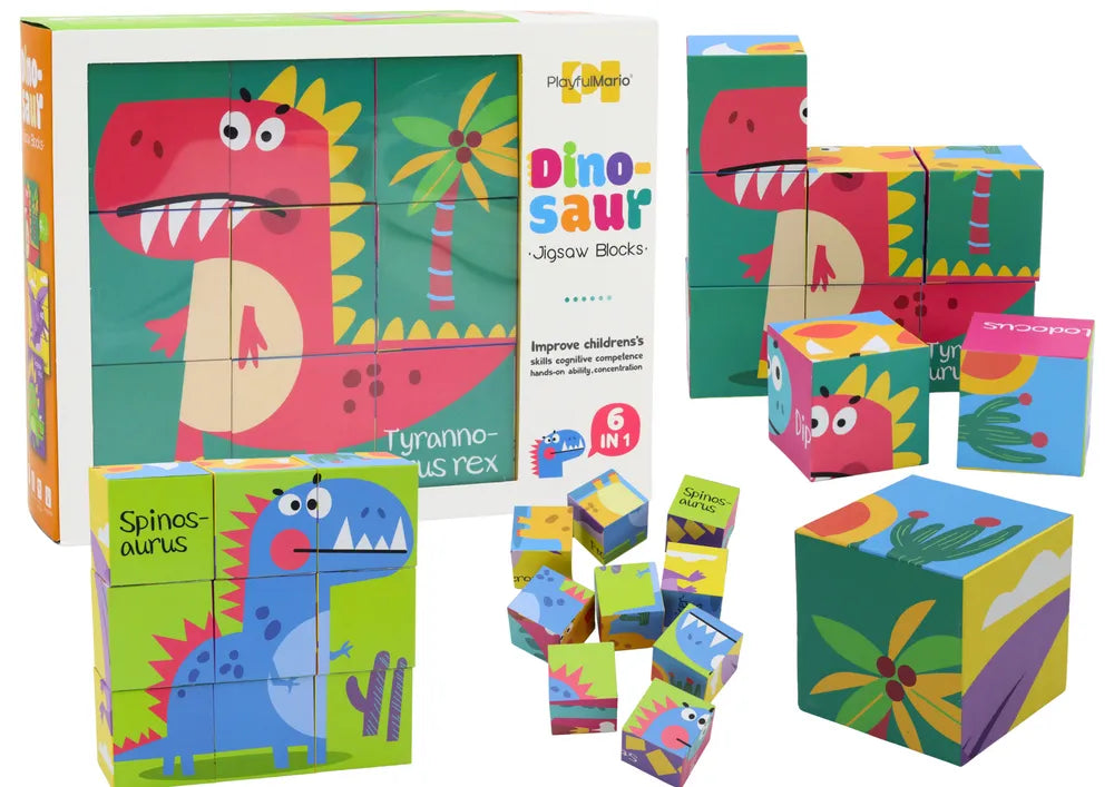 EDUKACINĖ DĖLIONĖ 6IN1 – KALADĖLĖS, DĖLIONĖS KUBAI, 6 PAVEIKSLĖLIAI, DINOZAURAI