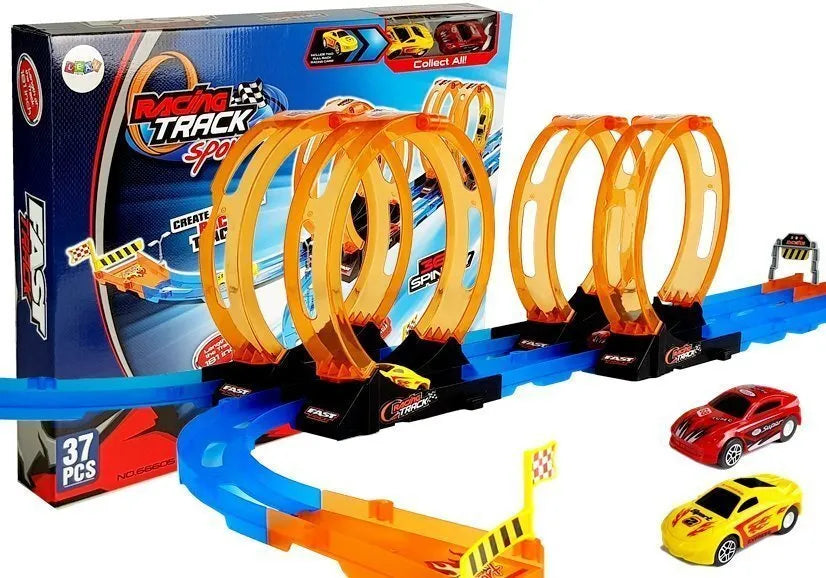 181 cm lenktynių trasa su 4 kilpomis ir 2 pull‑back automobiliais, 3+