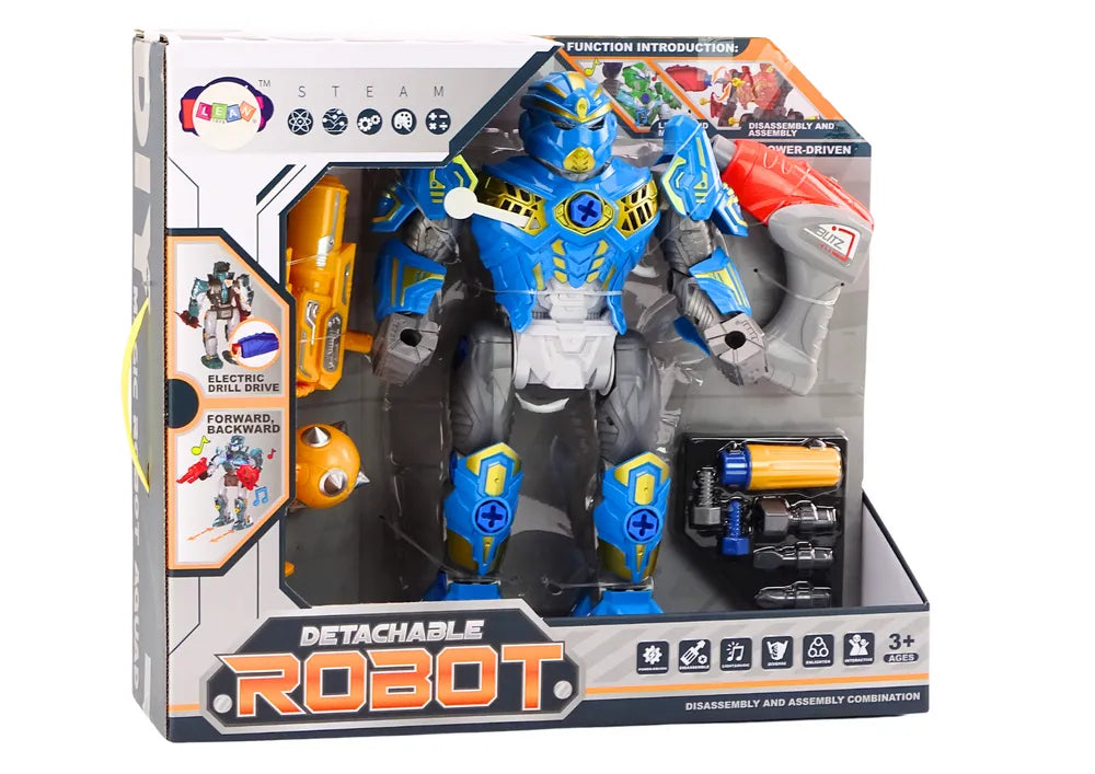 Surenkamas robotas su grąžtu mėlynas