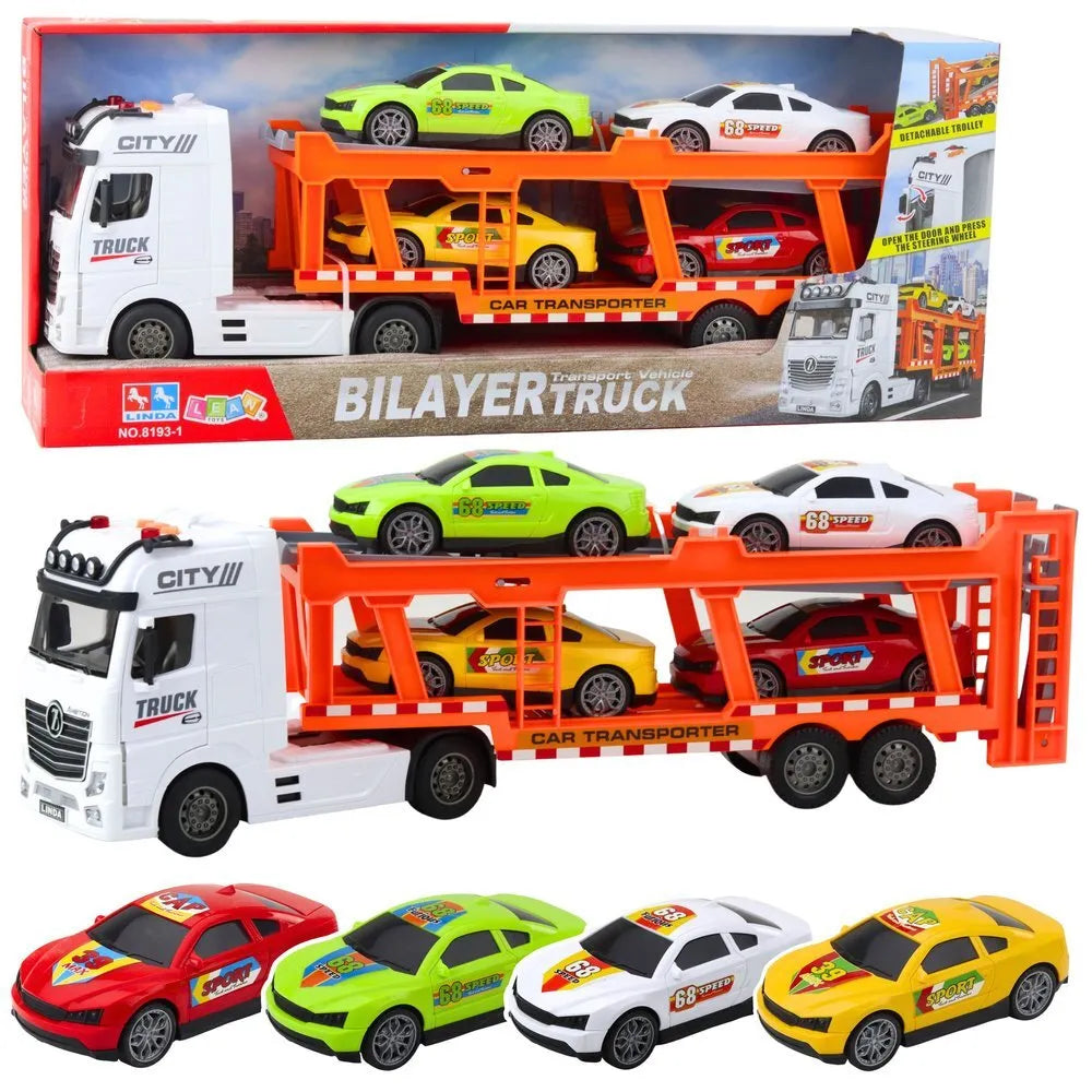 Lora sunkvežimis – vilkiko rinkinys su 4 automobiliais, atidaromomis durimis, šviesomis ir garsais