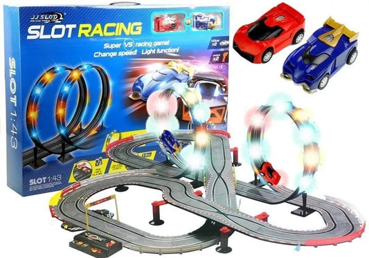 „Race Track Slot Cars 1:43“ – lenktynių trasa su 2 automobiliais, kilpomis ir LED apšvietimu