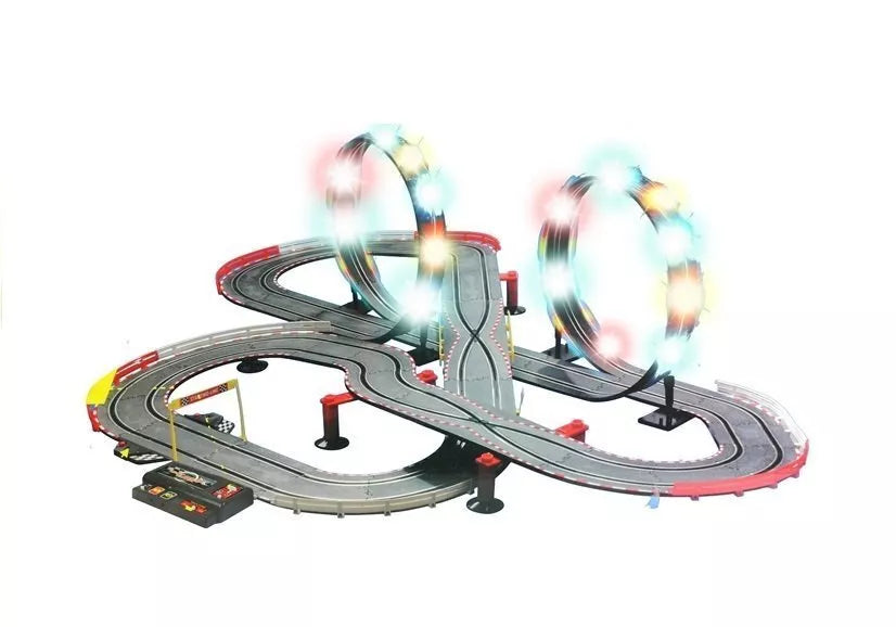 „Race Track Slot Cars 1:43“ – lenktynių trasa su 2 automobiliais, kilpomis ir LED apšvietimu
