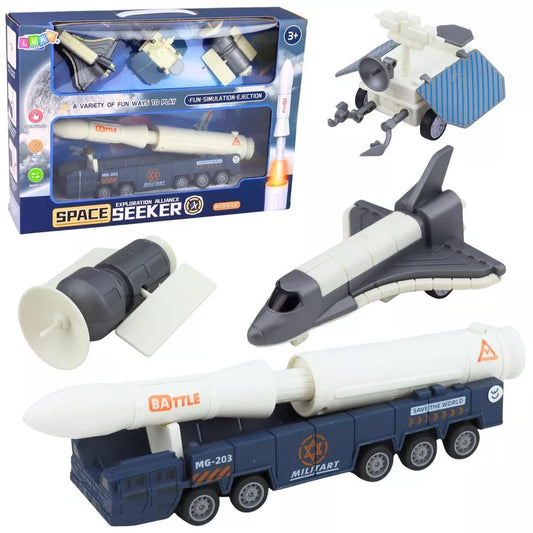Kosmoso rinkinys: raketa, šatlas, palydovas, transporto mašina