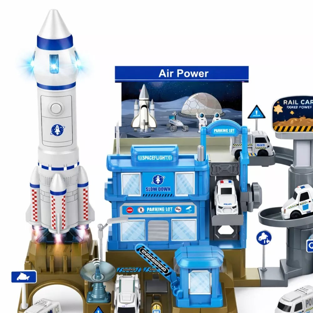 Kosminė bazė su raketa – daugiaaukštė stovėjimo aikštelė, šviesos ir garsai