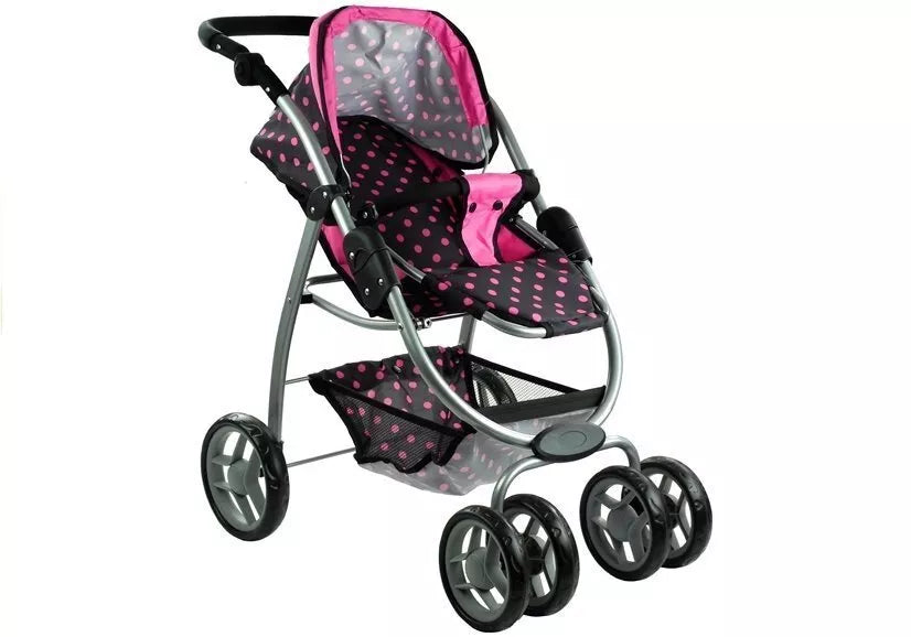 2in1 lėlių vežimėlis Alice – lopšys ir sportinis vežimėlis viename (juodas su rožiniais taškeliais)