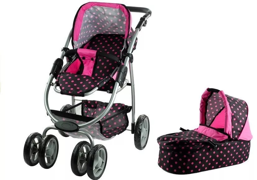2in1 lėlių vežimėlis Alice – lopšys ir sportinis vežimėlis viename (juodas su rožiniais taškeliais)