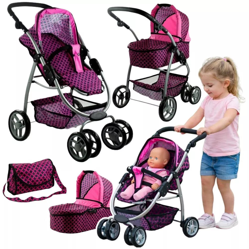 2in1 lėlių vežimėlis Alice – rožinis su juodais taškeliais