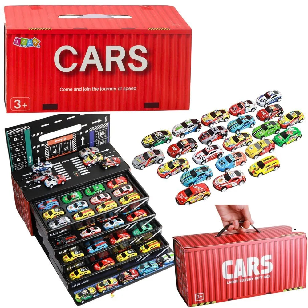 48 mini traukos automobilių rinkinys lagamine