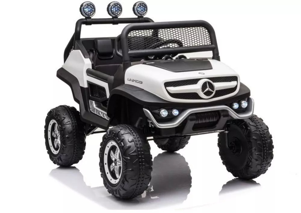 Elektrinis vaikiškas pasivažinėjimo automobilis Mercedes Unimog S, baltas.