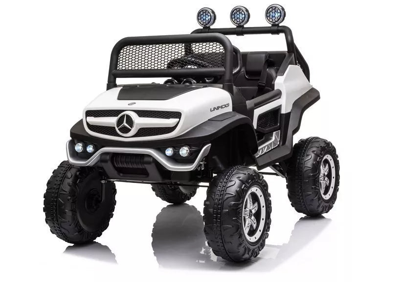 Elektrinis vaikiškas pasivažinėjimo automobilis Mercedes Unimog S, baltas.